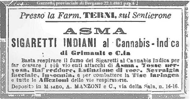 „INDIANS cigarillos to Cannabis Indica“. Gazzetta provinciale die Bergamo, 1881. Gemeinfrei.